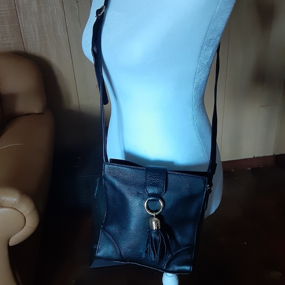Talbots pebble leather crossbody w tassel.